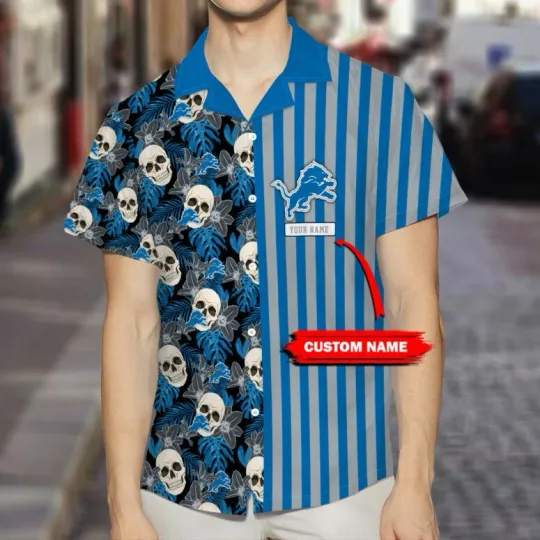 Detroit Football Custom Skull Stripe Summer Aloha Unisex Hawaiian Shirt, Gift for Fan