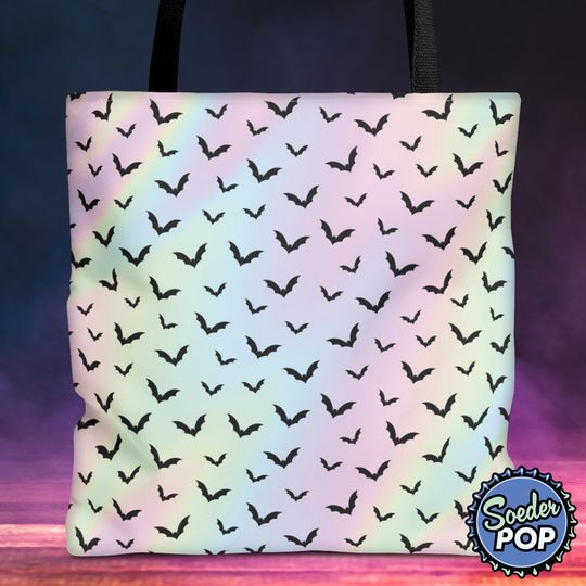 Discover Black Bats on Pastel Goth Tote Bag, Cute and Spooky Sack, Gothic Shopping Bag, Vampire Bat Shoulder Bag Mall Goth Purse, Halloween Treat Bag
