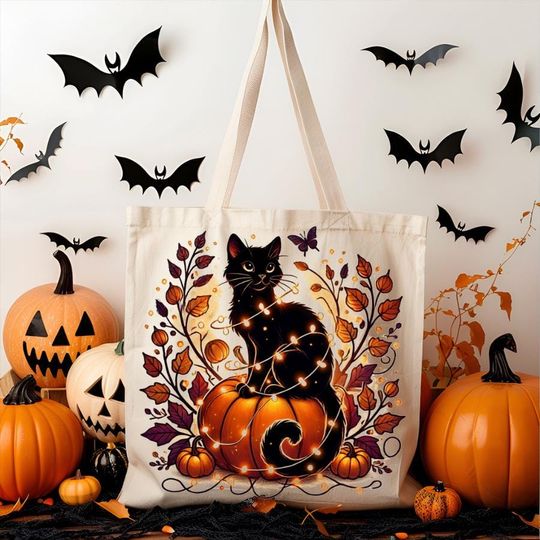 Discover Cotton Canvas Tote Bag - Cute Halloween Black Cat Pumpkin Lights, Trick or Treat Bag, Halloween Party Favor, Spooky Tote, Halloween Gift
