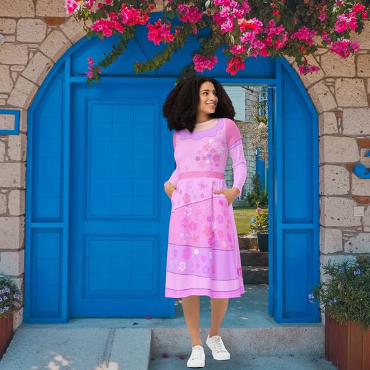 Pastel Pink and Purple Magical Floral Blooms Flare Midi Dress, Miracle Gift of Nature Fairy Tale, Perfect Golden Child Cosplay Costume