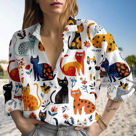 Discover Cat Floral Blouse Shirt for Women, Flower Cat Print Blouse