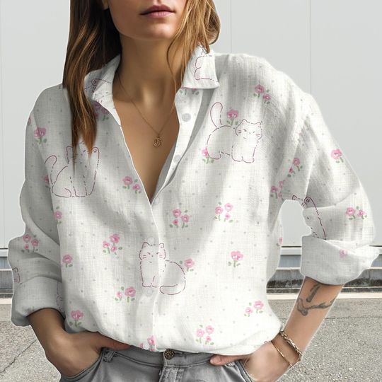 Discover Cat Floral Blouse Shirt, Kitty Print Casual Top