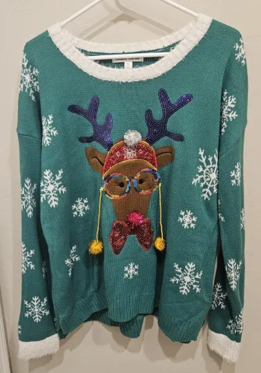 Reindeer Wearing Glasses Ugly Christmas Women’s Holiday Sweater XL