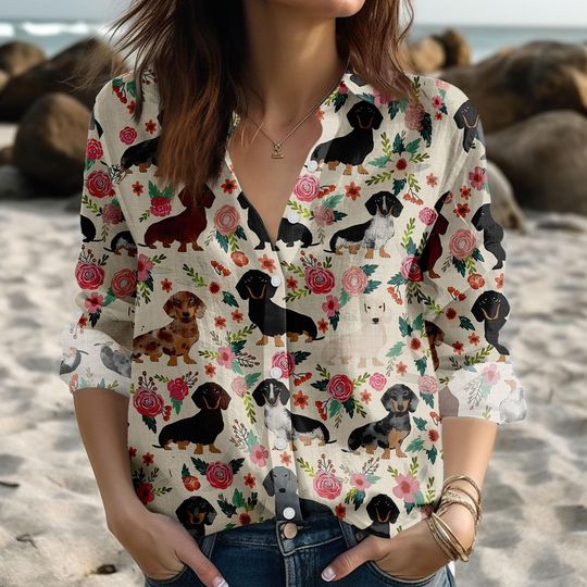 Discover Dachshund Floral Blouse Shirt, Sausage Dog Long Sleeve Shirt, Cute Pet Lover Shirt For Women, Summer Dog Mom Shirt, Dog Lover Shirt