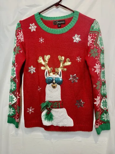 33 Degrees Christmas Llama Sweater Women’s Large Llama Wearing Shades & Scarf
