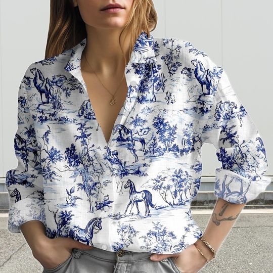 Discover Horse Toile De Jouy Blouse Shirt, Elegant Horse Blouse Women Shirt, Horse Toile De Jouy Long Sleeve Shirt, Western Casual Women Shirt
