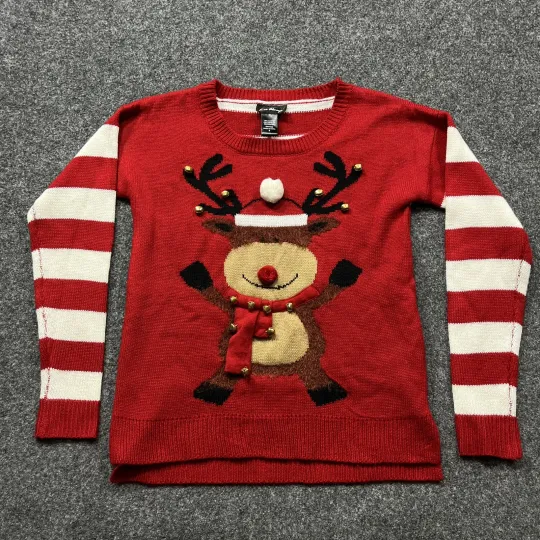 Discover Love Always Christmas Sweater Womens Size Small Reindeer Bells Ugly Holiday Red