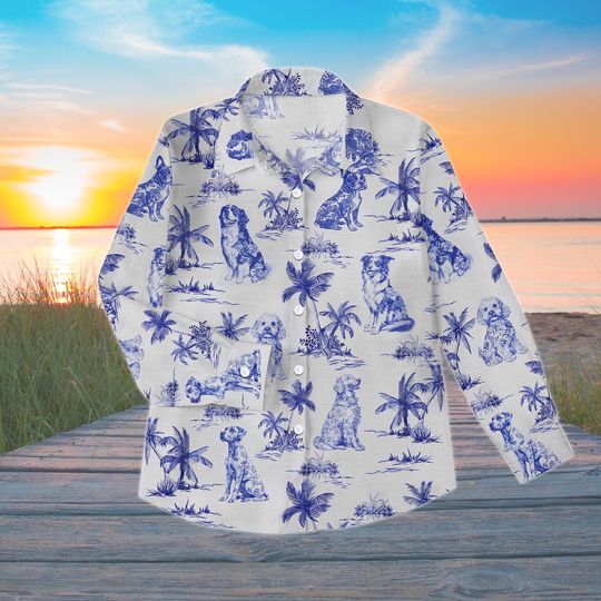 Dog Toile de Jouy Style Blouse, Long Sleeve Pet Lover Shirt, Women's Animal Casual Top