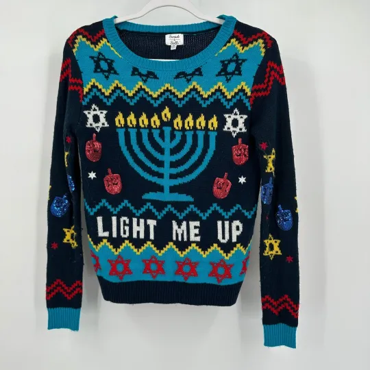 Sunset & Sixth Womens Ugly Hanukkah Sweater Size XS Sequin Light Me Up Holiday