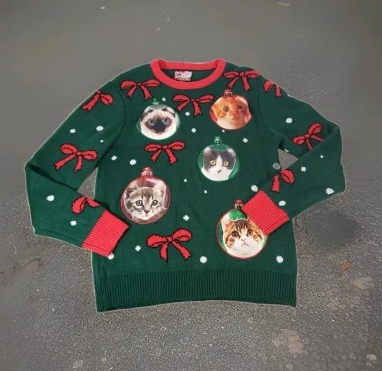 Discover Ugly Christmas Party Sweater Dec 25th Cat Ornament Bows Green Red Knit Medium_BG