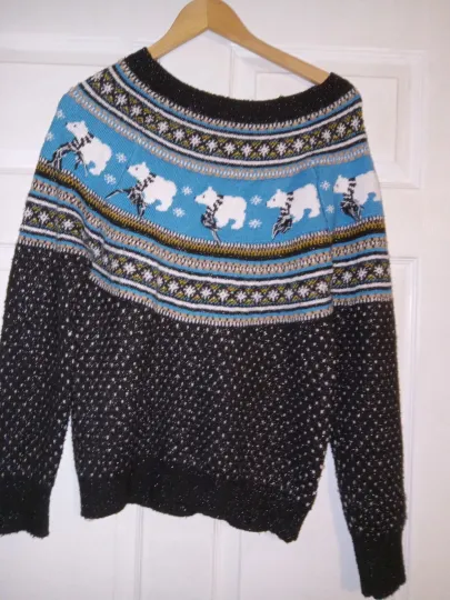 Discover Holiday Time Ugly Christmas Sweater Women’s Small 4-6 Black Blue Polar Bear Snow