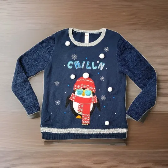 Christmas Sweater Holiday Time Womens Size L Blue Penguin Jingle Bells