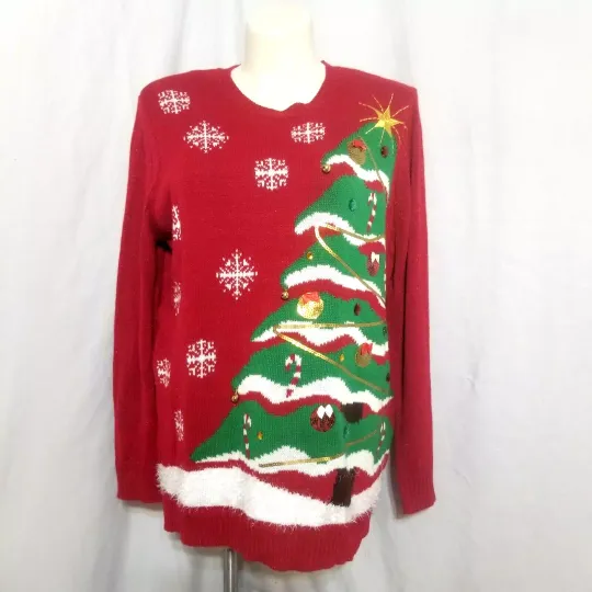 Discover Holiday Time Ugly Christmas Tree Knit Sweater Holiday Bells Ornaments Size 3XL