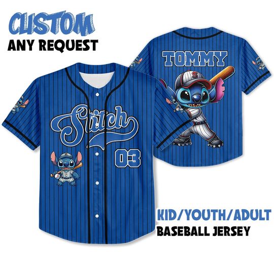 Discover Personalized Happy Stitch Baseball Striped, Custom Kid Youth Adult Jersey, Birthday Gift, Stitch Gift, Stitch Gift For Baseball Fans