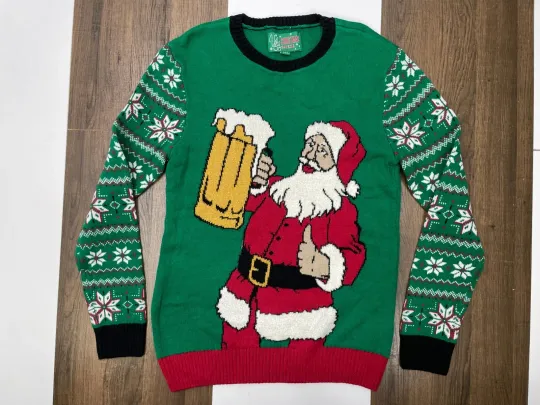 Discover Ugly Christmas Sweater Womens M Green Knit Pullover Santa Beer Snowflake