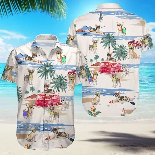Chihuahua Hawaiian Shirt, Chihuahua Dad Gift, Chihuahua Owner, Button Up Shirt, Hawaiian Shirt Men