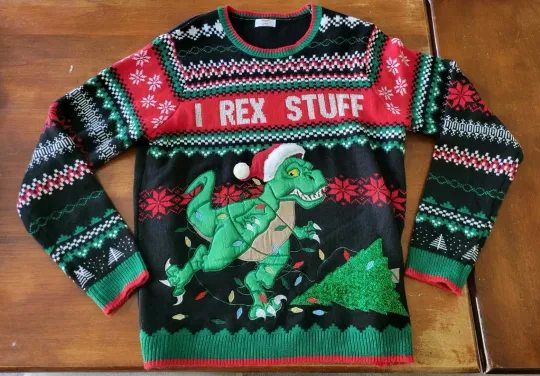 Ugly Christmas Sweater "I Rex Stuff"  T-Rex Sparkly Glitter Quilted Size L 42-44