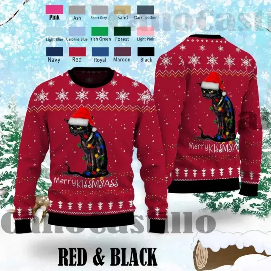 Discover Merry Kissmyass Black Cat Light Christmas Xmas Ugly Sweater, Happy Holiday Gift