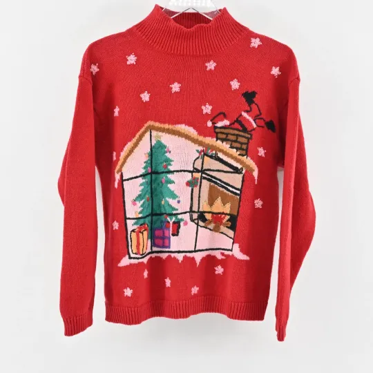 Discover Vtg Ugly Christmas Sweater Womens Sz L Red Mock Neck Knit Santa Holiday Snowing