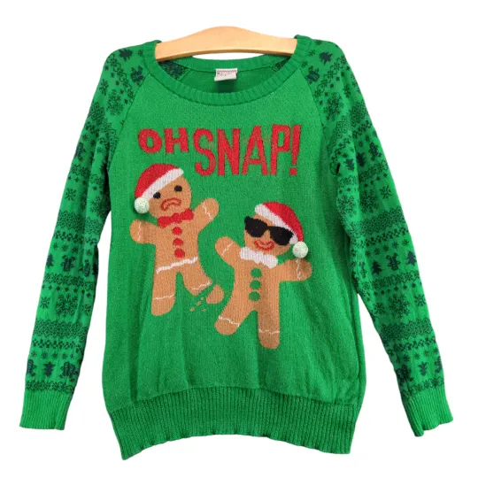 Holiday Sweater Women's Oh Snap Gingerbread Ugly Christmas Sweater Green Small