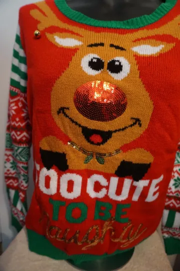 Discover Ugly CHRISTMAS Sweater Red Sequined Reindeer Size L To cute to be Naughty