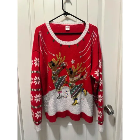 Discover Holiday Time Ugly Christmas Sweater Ice Skating Reindeer Women's