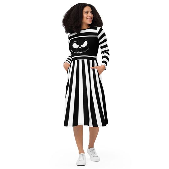 Jack-O-Lantern Skeleton Face | Black & WS All-over print long sleeve midi dress