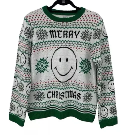 Discover Holiday Time Sweater XXL 16 Merry Christmas Smiley Face Crewneck Ugly Holiday