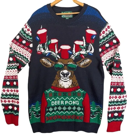 Discover Ugly Christmas Sweater "Deer Pong" Christmas Sweater Size XL Unisex Fun Sweaters