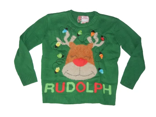 RUDOLPH RED NOSED REINDEER Xmas Lights UGLY CHRISTMAS SWEATER Party Sz Women's S