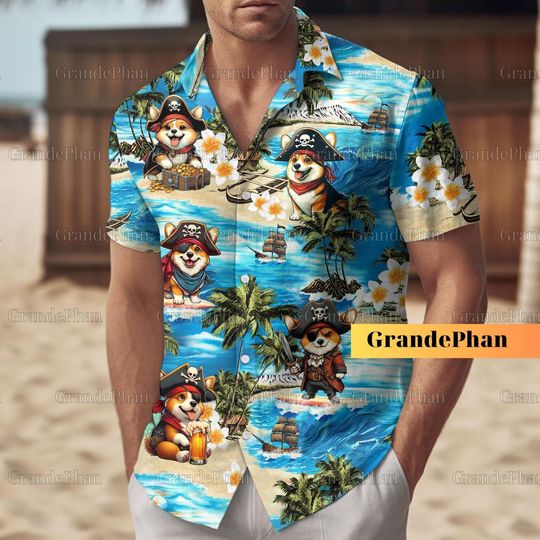Discover Corgi Pirate Hawaiian Shirt, Corgi Summer Beach Shirt, Mens Hawaiian Shirt, Corgi Shirt, Bachelor Party Shirt