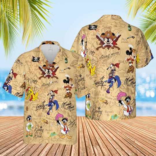 Disney Pirate Mickey & Friends Signature Hawaiian Shirt, Minnie Goofy Donald Daisy Pluto Hawaiian Shirt, Pirate Disney Cruise Trip Button Tee