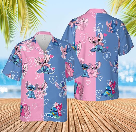 Stitch And Angel Hawaiian, Lovely Couple Button Up, Lilo Stich Hawaiian Shirt, Couple Shirt Gift, Cartoon 3D All Over Print Shirt