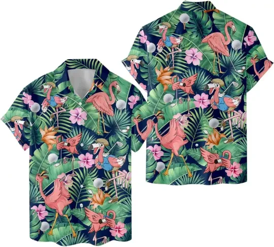 Discover Pink Flamingo Tropical Hawaiian Shirt Casual Button Down Shirt Beach