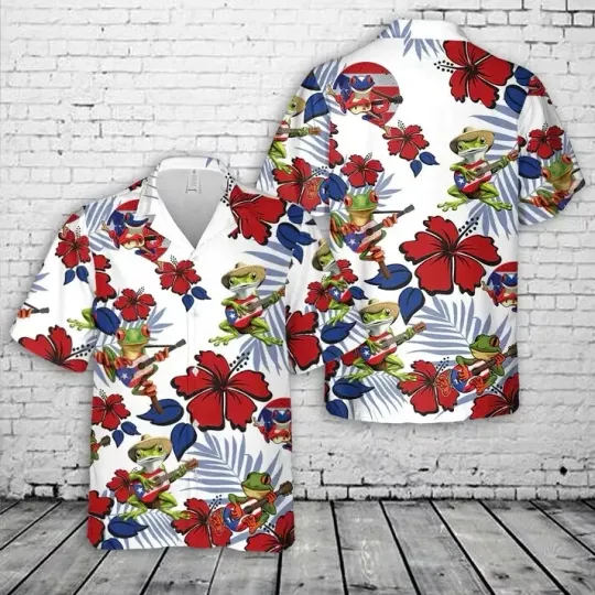 Discover Guitar Frog Puerto Rico Hawaiian Shirt Casual Button Down Shirt Beach