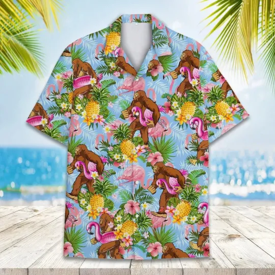 Discover Bigfoot Flamingo Pineapple Hawaiian Shirt Casual Button Down Shirt Beach