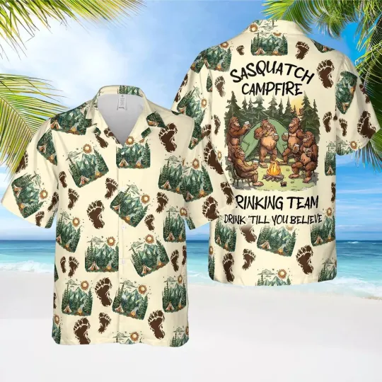Discover Bigfoot Campfire Hawaiian Shirt Casual Button Down Shirt Beach Summer