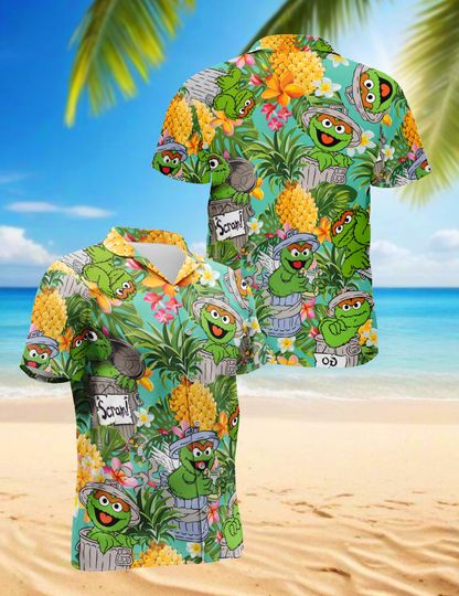 Discover Oscar The Grouch Hawaiian Shirt: Muppet Show Graphic Print Aloha Shirt