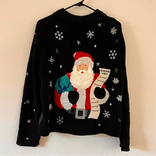 Vintage Ugly Christmas Sweater Black Zip Up Appliqué Santa Clause Size Large