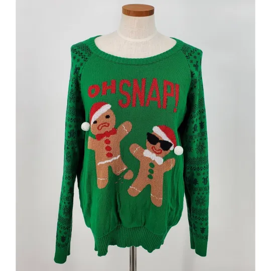 Discover Holiday Sweater Women's XL Green Gingerbread Man Ugly Sweater Pre-Owned