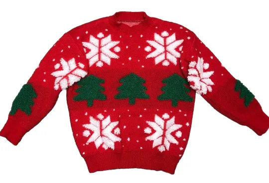 Discover Ugly Christmas Sweater Women’s M Red Holiday Spirit Snowflakes Trees Cozy Knit