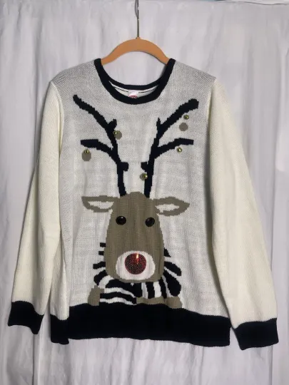 Holiday Time Womans Rudolph Reindeer Cream Ugly Xmas Sweater Sz XL