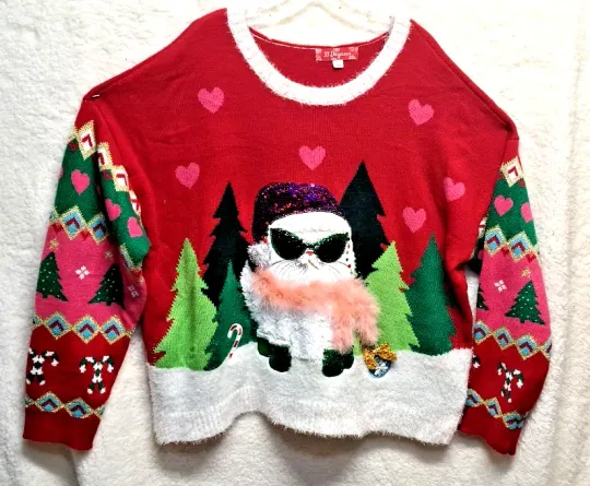 Ugly Christmas Sweater by 33 DEGREES Women's 3X Cat Sunglasses Sequins Feather