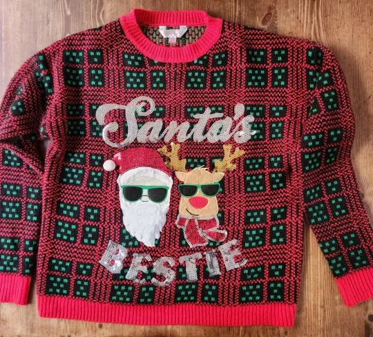 Discover Ugly Christmas Sweater Size Large  Santa's Bestie 100% Acrylic Sequined Reindeer