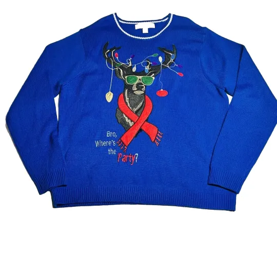 Jolly Sweaters Royal Blue Cool Reindeer Sunglasses Sz XL Ugly Christmas Sweater