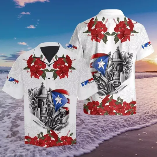 Flower Puerto Rico Hawaiian Button Down Shirt
