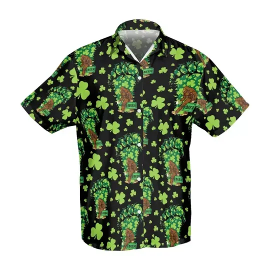 Discover Funny Bigfoot Shamrock And Beer Hawaiian Shirt