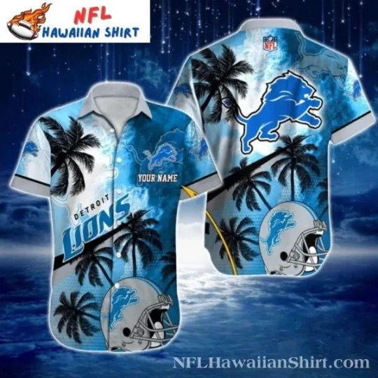 Discover Palm Silhouette And Helmet Detroit Football Custom Name Hawaiian Shirt , Gift for Fan