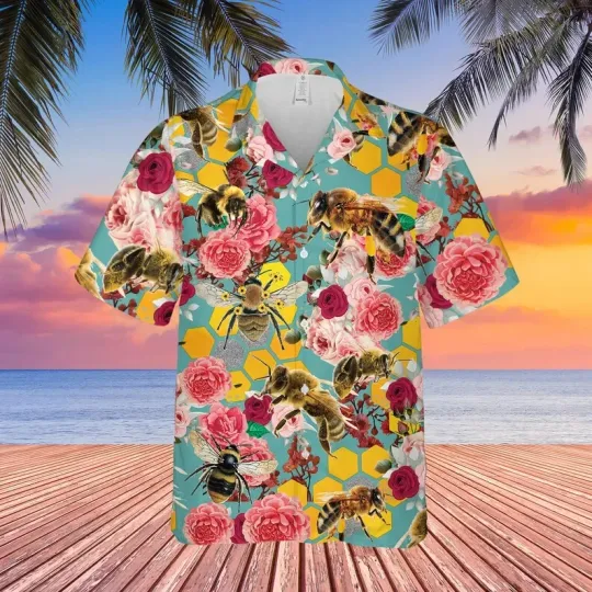 Discover Bee Flower Hawaiian Button Down Shirt