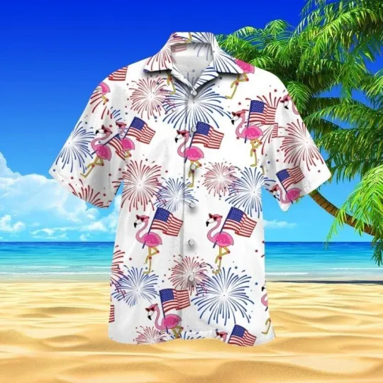 Discover Flamingo 4th of July Hawaiian Button Down Shirt